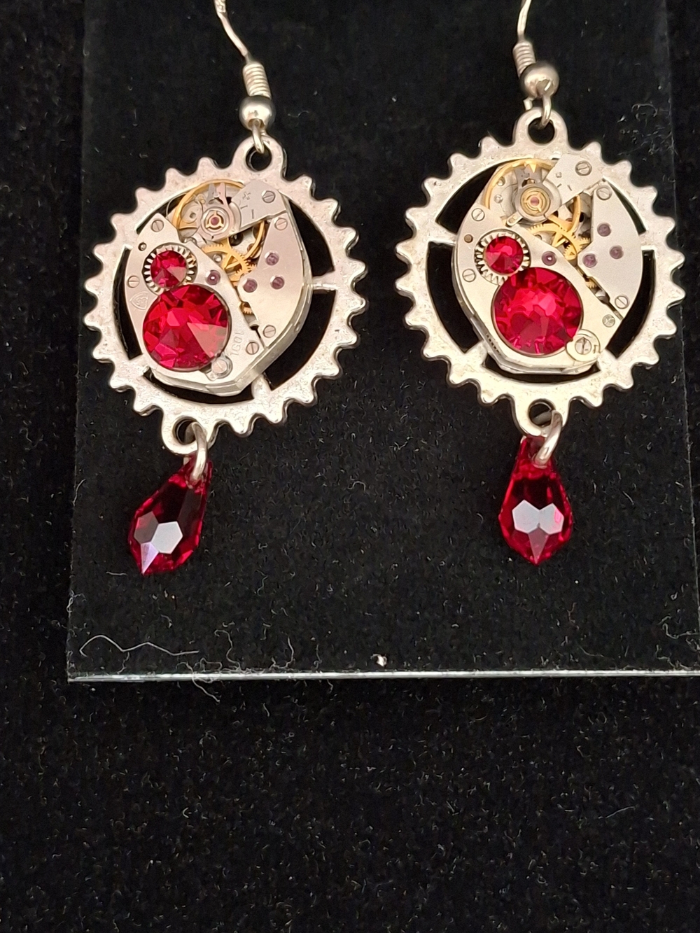 Steampunk Gear Drop Earrings with Red Crystal Accents And 925 Hooks